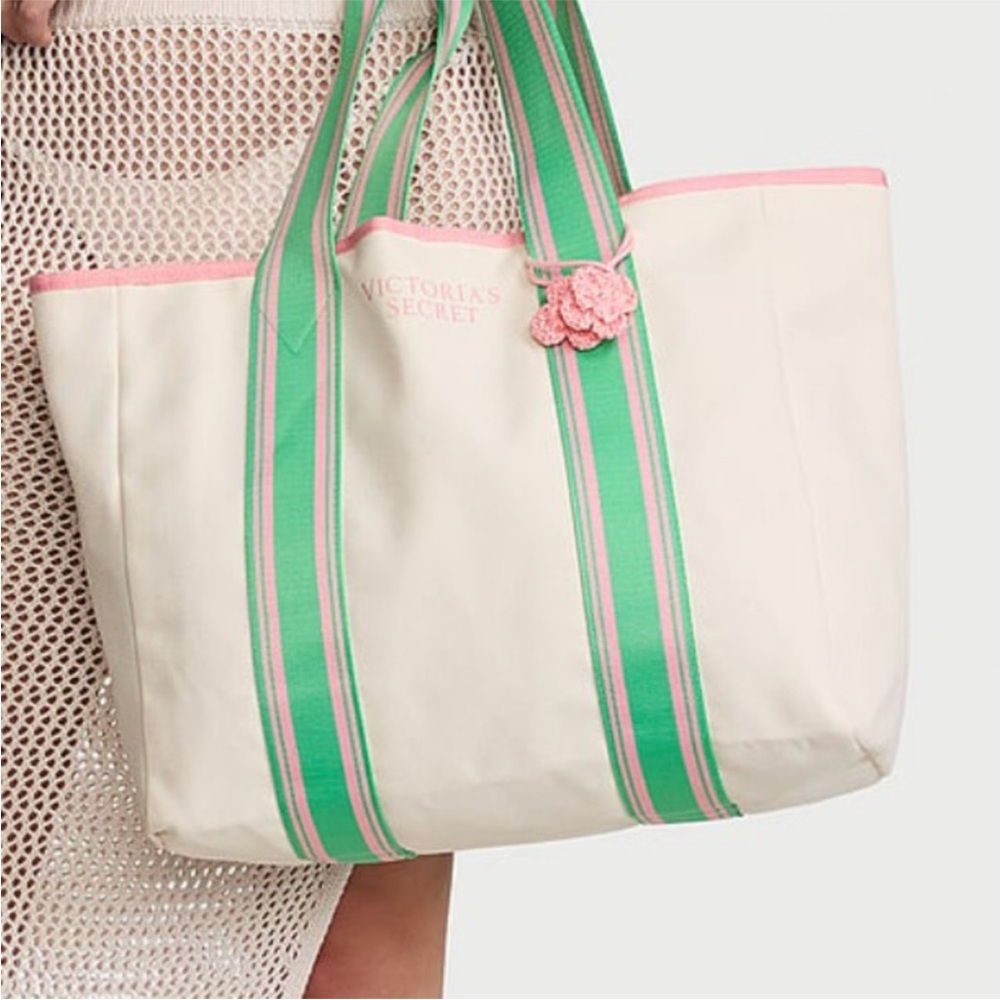 NWT Victoria's Secret Large Canvas Tote Bag Natural Green Handles Charm